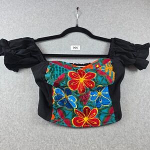Artisan Floral Embroidered Crop Top Black Off Shoulder Smocked Boho Mexican Styl